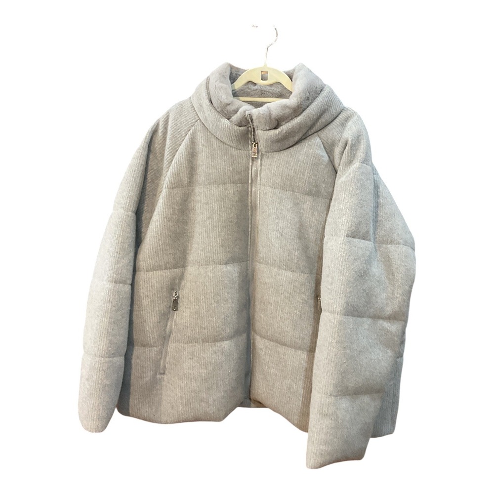 Tahari Womens Knit Puffer Coat Faux Fur Trim Collar Gray Water Resistant XXL